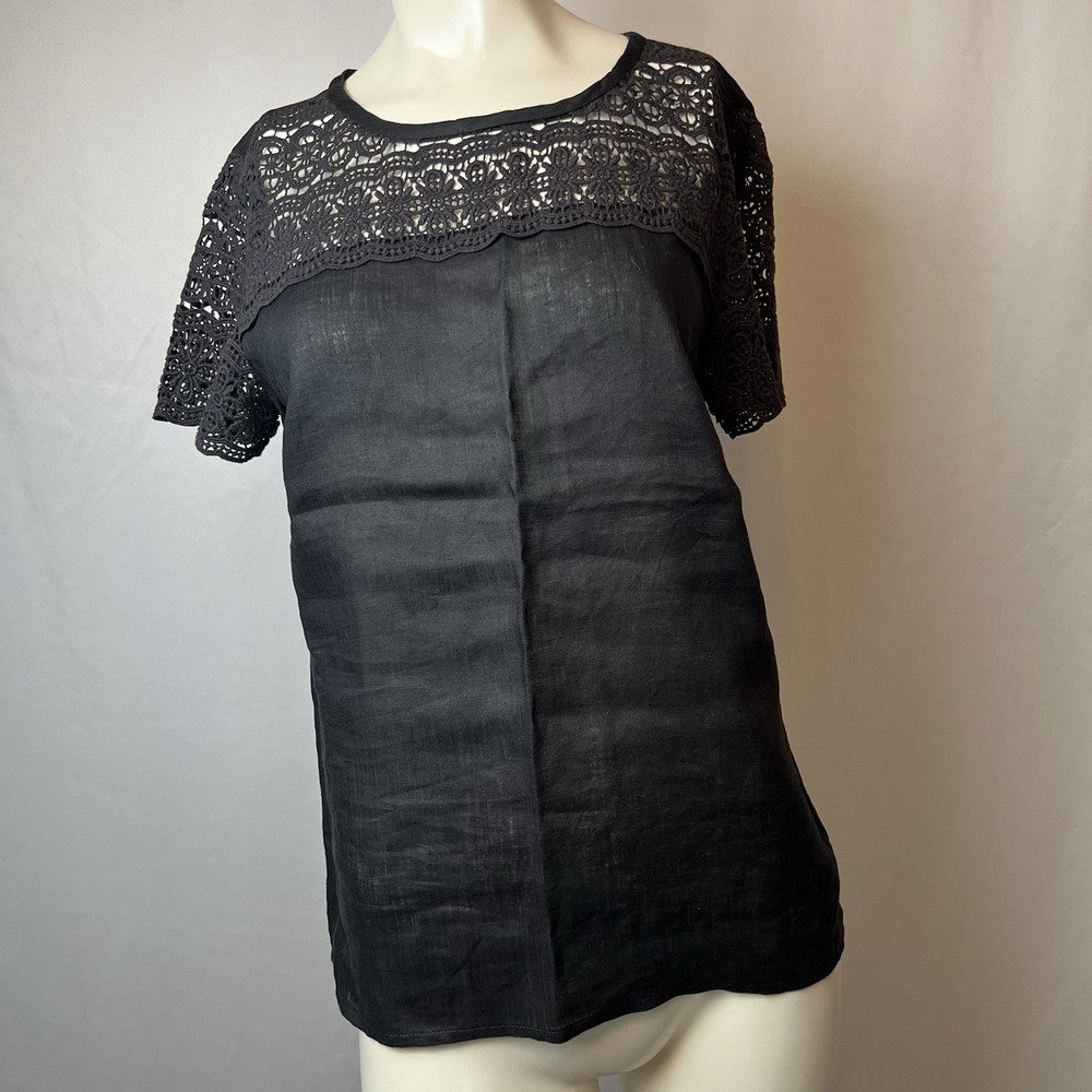 J Crew Women's  4 Linen Blouse Black Cotton  Lace Crochet Inset & Sleeves